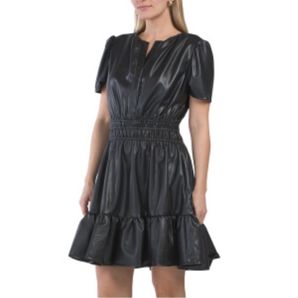 GREY COLLECTIVE Faux Leather Mini Dress Black Fit and Flare Ruffle Smocked M NWT